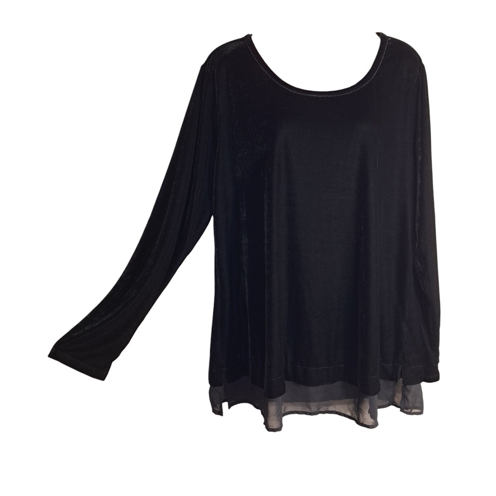 Cj Banks Velvet Tunic/Blouse Long Sleeve Sheer Hem Elegant Black Plus Size 1X‎